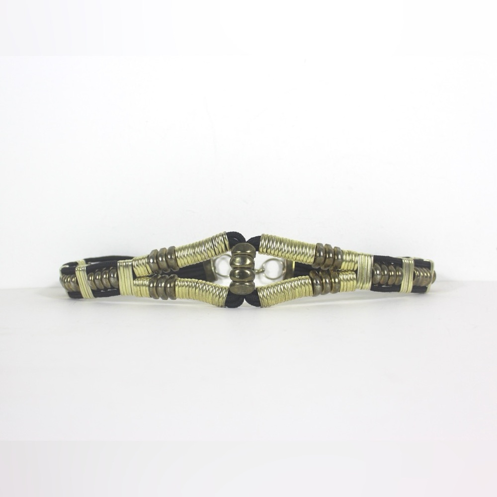 31” Eighties Black Cord and Gold Metal and Brass Statement Waist Belt Back Clasp